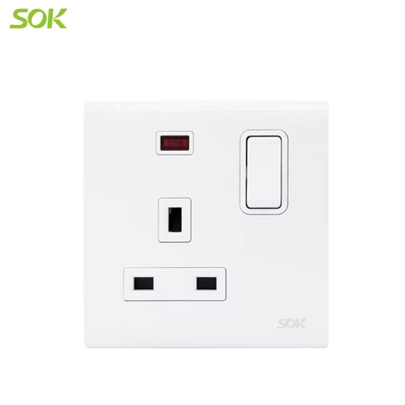 13A 250V Double Pole Switched BS Socket Outlet with Neon - White 1 Gang