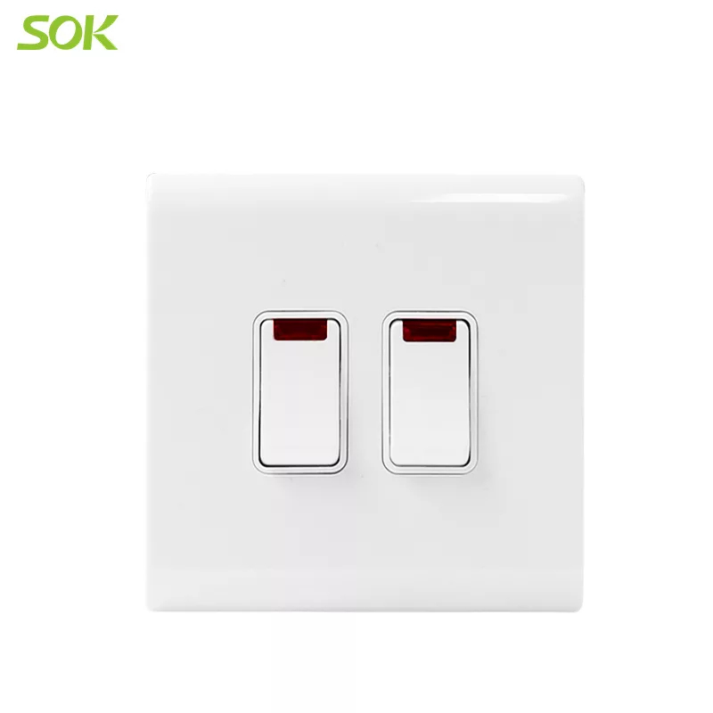 20AX 250V Double Pole Switch with Neon - White 2 Gang