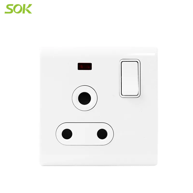 15A 250V Single Pole Switched 3 Round Pin Socket Outlets with Neon - White