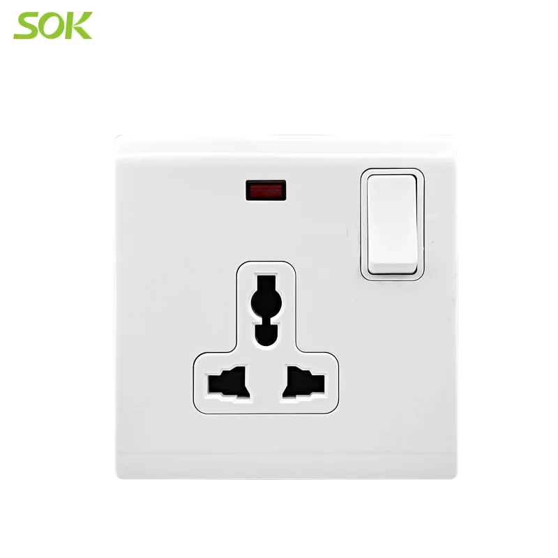 13A 250V Single Pole Switched Universal Socket Outlet with Neon - White