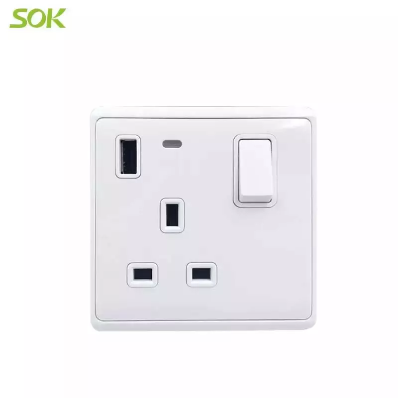 1 Gang Switch 13A BS Electric Socket With Neon & USB