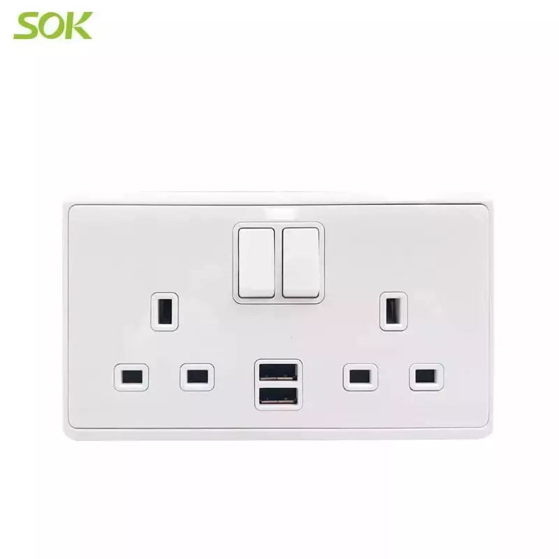 2 Gang Switch 13A BS Power Outlet With USB
