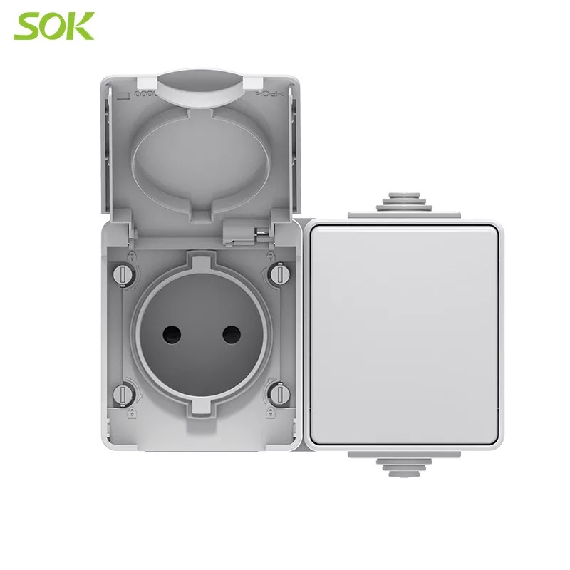 2 Way Light Switch and 2 Round Pin Power Outlet with Shutter Surface Mounted- Horizontal Type( Screw-less Terminal)