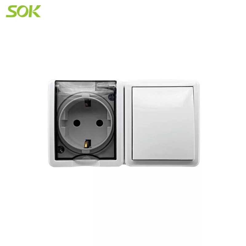 Block Single Schuko Power Outlet With Shutter + 1 G 1 W Light Switch With LED Indicator (Surface Mounted)