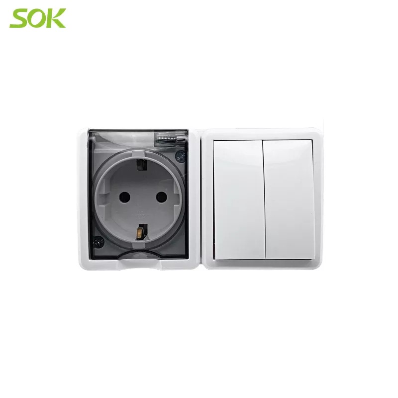 Single Schuko Power Outlet Without Shutter + 2 G 1 W Light Switch  (Surface Mounted)
