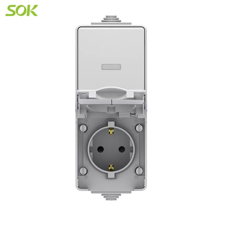 IP65 2 Way Wall Switch with LED and One Gang Schuko Socket with Shutter Surface Mounted Vertical Type( Screw -less Terminal)