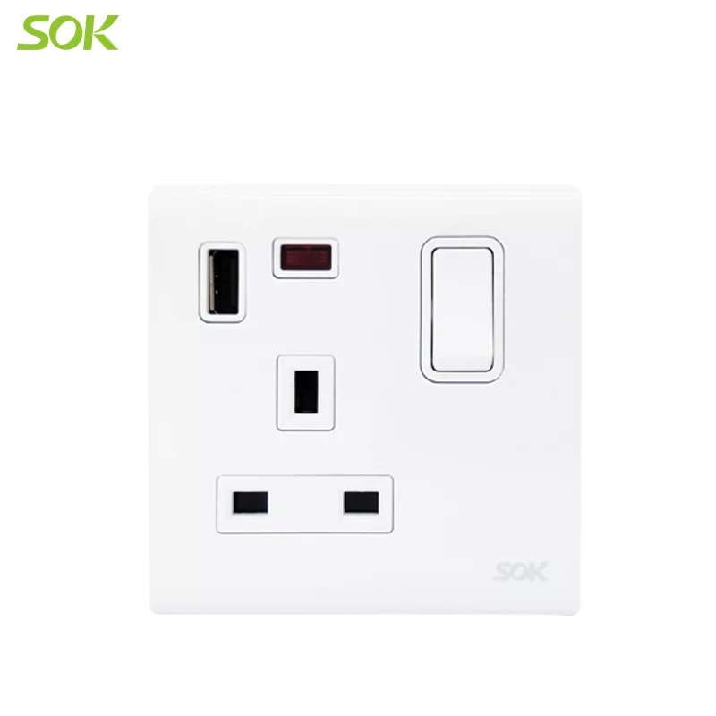 USB Charger + Double Pole Switched BS Outlet with Indicator- 2.1A 13A